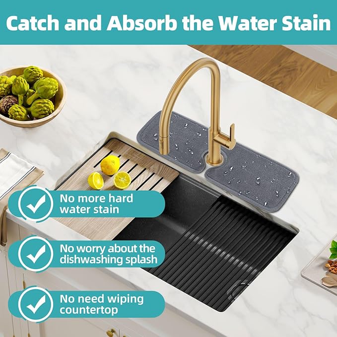 PoYang 2 Pack Faucet Mat for Kitchen Sink Splash Guard Short: Super Absorbent Microfiber Sink Water Splash Guard Behind Kitchen Faucet Mat for Bathroom, RV Protector, Machine Washable 17.7'' x 4.7''