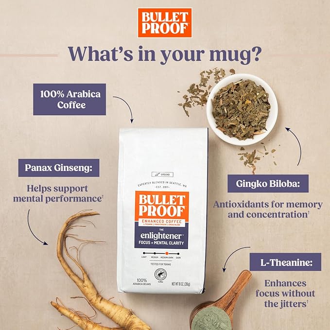 Bulletproof Enlightener Ground Coffee, Enhanced Coffee with L-Theanine, Panax Ginseng and Gingko Biloba, Supports Mental Clarity, Focus, and Memory, Medium-Dark Roast, 10 oz