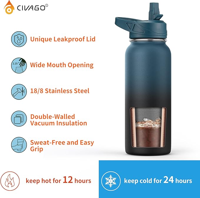 CIVAGO 40 oz Insulated Water Bottle With Straw, Stainless Steel Sports Water Flask Cup with 3 Lids (Straw, Portable Spout and Handle Lid), Double Walled Travel Thermal Canteen Mug, Classic Omber Gray