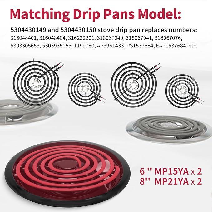 MP22YA Electric Stove Burner Element Replacement Set & 5304430149 5304430150 4 Pack Black Drip Pans - Perfectly Fit Frigi-daire Ken-more Cros-ley Tap-pan Electric Range Stove Top