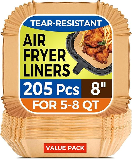 Air Fryer Paper Liners, 205 PCS Non-Stick Disposable Air Fryer Liners, 8-Inch Square Parchment Paper for 5-8 QT Basket, Water-Proof & Oil-Proof Airfryer Liners for Baking, Roasting, Microwave, Oven