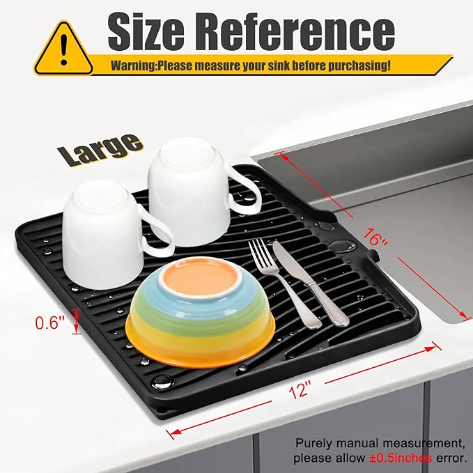 Silicone Dish Drying Mat for Kitchen Counter, Dish Drying Pad, Non-Slip Drain Pad with Built-in Drain, Heat Resistant Stone Drying Mat(16" x 12", Black)