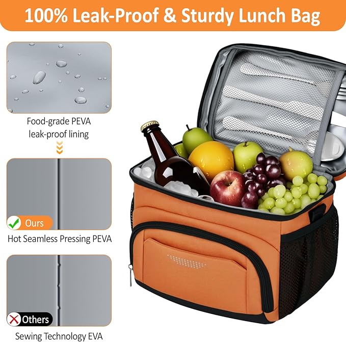 Vankor Insulated Lunch Bag for Men Women, Reusable Lunch Box Leakproof Cooler Lunch Tote Bag with Adjustable Shoulder Strap for Work Office Picnic Beach Travel, Orange