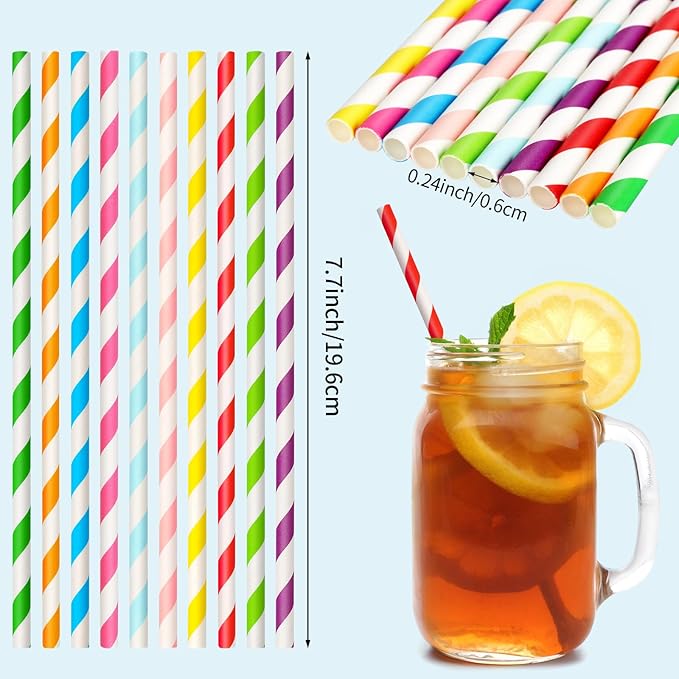 100 Packs Biodegradable Paper Straws, Assorted Rainbow Colors Disposable Drinking Straws for Birthday Carnival Summer Pool Party Wedding Baby Shower Halloween Christmas Decoration Supplies