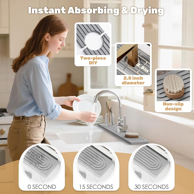 23.6''x4.8''Stone Faucet Mat for Kitchen Sink,Diatomite Quick Dry Kitchen Sink Splash Guard,Drying Stone Sink Tray,Super Absorbent,Sink Stone Quick Dry Around Faucet For Bathroom Counter-Light Grey