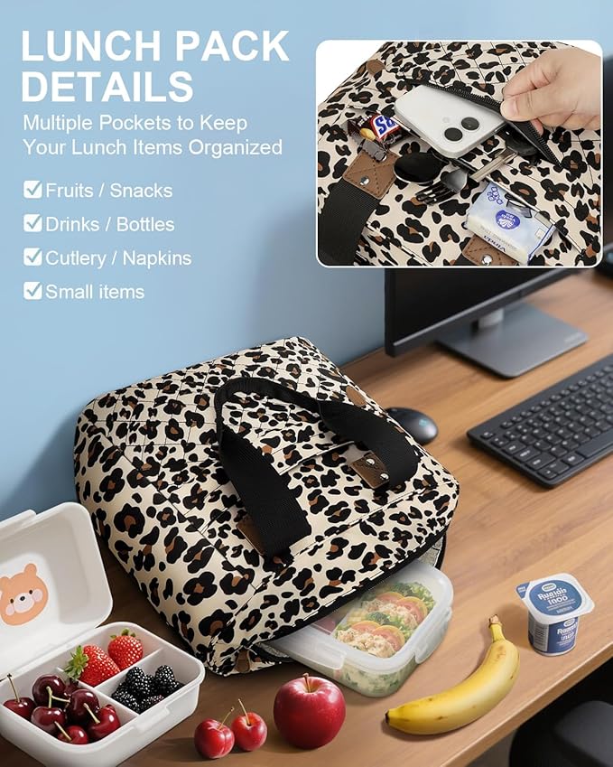 Insulated Lunch Box for Women & Men - Large Thermal Lunch Bag Women with Removable Shoulder Strap, Reusable Lunch Cooler Tote Bags Purse for Adults Work, Picnic, Hiking, Beach, Travel, Medium，Leopard