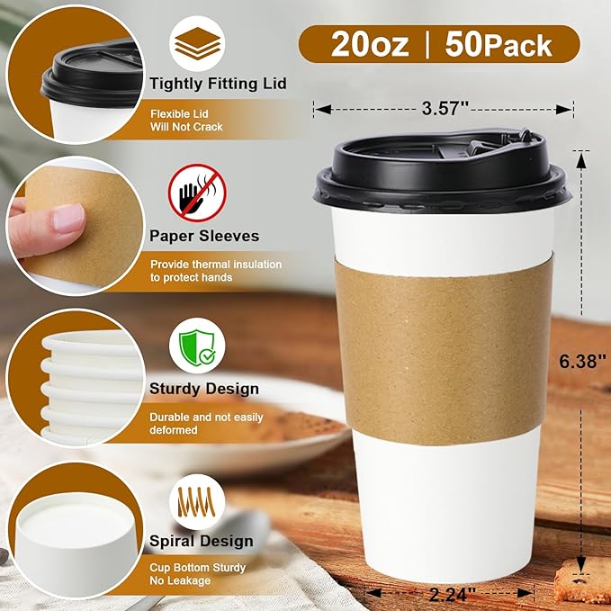 Lamosi 50 Pack 20 oz Disposable Coffee Cups with Lids and Sleeves, White To Go Leak-Proof Paper Cups for Picnics, Parties, Travel, Offices and Coffee Bar Supplies