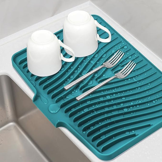 Silicone Dish Drying Mat for Kitchen Counter, Dish Drying Pad, Non-Slip Drain Pad with Built-in Drain, Heat Resistant Stone Drying Mat(16" x 12", Green)