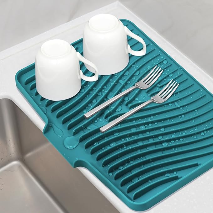 Silicone Dish Drying Mat, Stone Drying Mat for Kitchen Counter with Built-In Drain, Non-Slip Drain Pad with Built-in Drain, Heat Resistant Stone Drying Mat, 1Pcs 20" x 15", Green