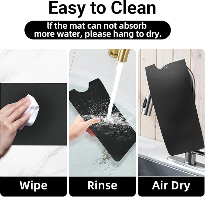 LOPNUR Faucet Mat for Kitchen Sink Protectors, 29 Inch Extra Long Kitchen Sink Splash Guard Behind Faucet, Cuttable Bathroom Water Splash Guard with Super Absorbent Diatomite Fast Drying, Black
