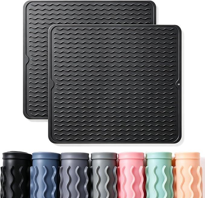 CAKETIME 2 Pack Silicone Dish Drying Mat for Kitchen Counter Under Sink Protector Organizers Cooking Baking Espresso Machine Accessories Appliance Stone Rack Trays Drain Extra Large 18"*16" Black