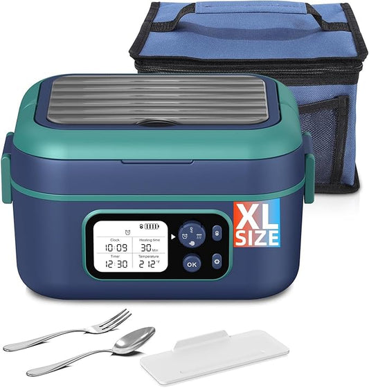Cordless Electric Heated Lunch Box, XL 6.3Cups Rechargeable Food Warmer Lunch Box with Self Heating, Smart Timer, Adjustable Temperature, Leakproof, BPA Free, Removable Divider Blue