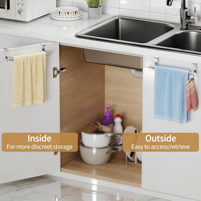 Over Cabinet Towel Holder, Stainless Steel Over The Cabinet Towel Rack Bars for Kitchen Cabinet Doors, Dish Towel Holder with Hooks, 2 Pack (Brushed Nickel)