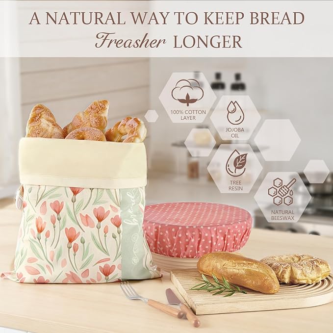 Beeswax Bread Bag and Bowl Cover Set, Reusable Beeswax Bread Bag for Sourdough and Homemade Bread, Natural Lined Cotton Bowl Cover for Dough Proofing, Perfect for Baking and Storage