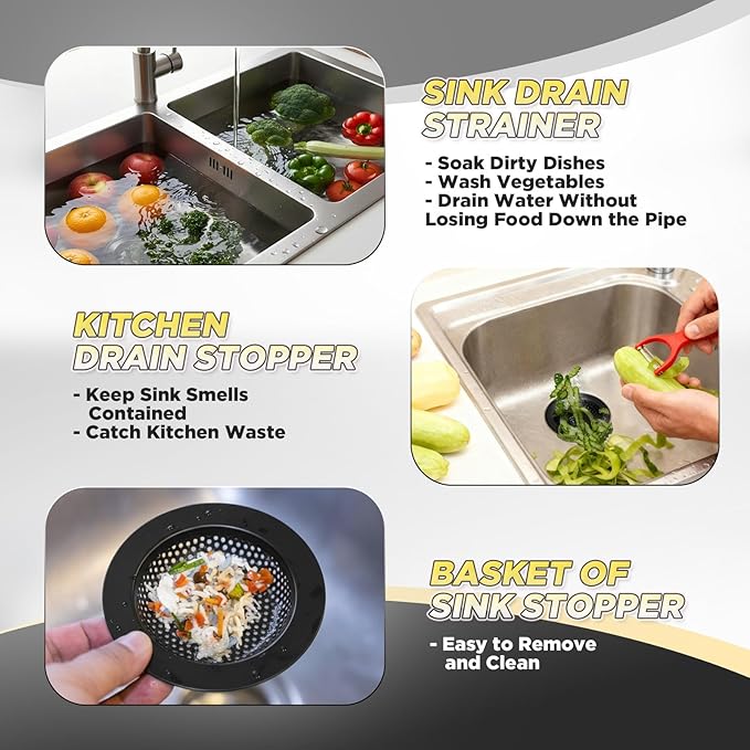 4 Pcs Matte Black Kitchen Sink Accessories Garbage Disposal Splash Guards 3.4'' Sink Drain Strainer and Stopper Stainless Steel Garbage Disposal Plug for Kitchen Drain Strainer