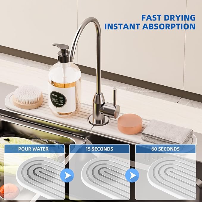 PEKER Faucet Mat for Kitchen Sink 23.6" – Diatomite Fast Drying Stone Sink Tray, Super Absorbent Faucet Splash Guard for Bathroom Counter, Sink Drip Catcher & Organizer
