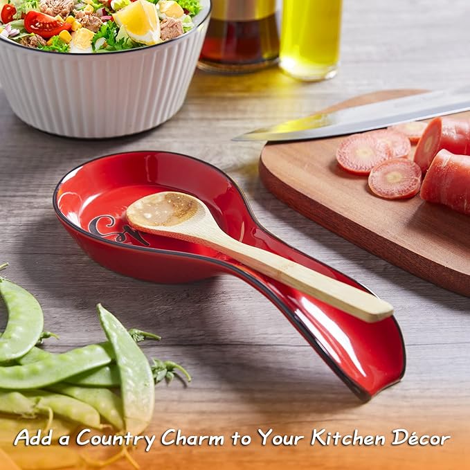Ceramic Spoon Rest for Stove Top, DAYYET Large Spoon Holder, Spoon Rest for Kitchen Counter, Utensil Rest for Ladles, Spatula, Tong, Red Kitchen Decor and Accessories