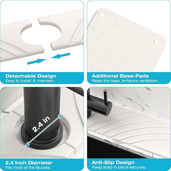 Stone Faucet Mat for Kitchen Sink - Fast Drying Diatomite Stone Drying Mat, Textured Drainage Sink Protector, Water Splash Guard with Base Pads for Bathroom Counter (23.7x4 in, White)
