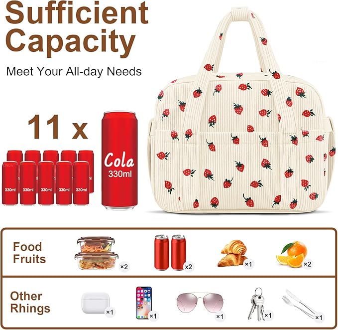 KUBYA Corduroy Lunch Box Lunch Bag for Women Men, Cute Strawberry Small Insulated Reusable Work Leakproof Simple Lunch Boxes Tote Bag Adults Cooler Bag