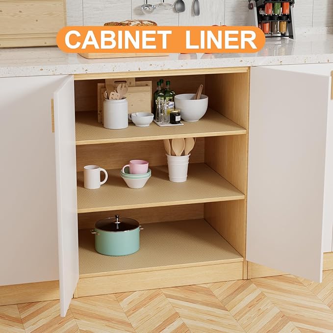 FLPMIX Shelf Liners for Kitchen Cabinets: Waterproof Non-Adhesive Drawers Liner - Easy to Cut Cupboard Mats for Pantry Shelves 17" W x 300" L Khaki
