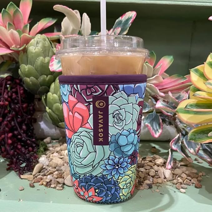 Sok It JavaSok Iced Coffee & Cold Soda Insulated Neoprene Cup Sleeve (Succulents, Large: 30-32oz)