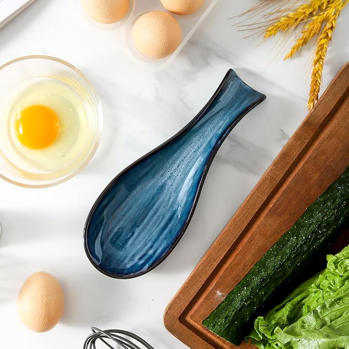 Ceramic Spoon Rest for Stove Top,Large 8.7 Inch Spoon Holder for Kitchen Counter,Porcelain Utensil Rest for Thankgiving and Christmas Gift,Dishwasher Safe and Heat-Resistant,Blue(2 PC)