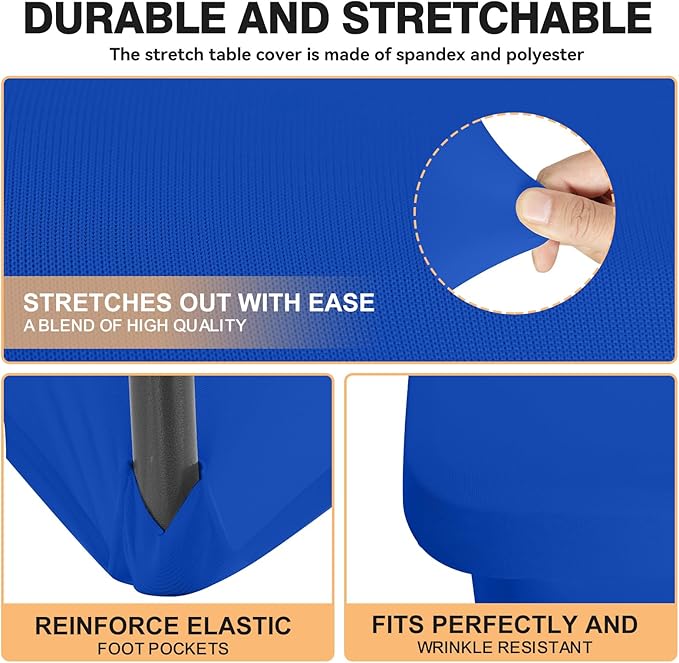 2 Pack 6 Feet Royal Blue Spandex Tablecloth for Rectangular Tables, Fitted & Stretch, Washable, Wrinkle Resistant, Perfect for Event, Wedding, Party, Banquet, Cocktail, Festival, and Table Protector