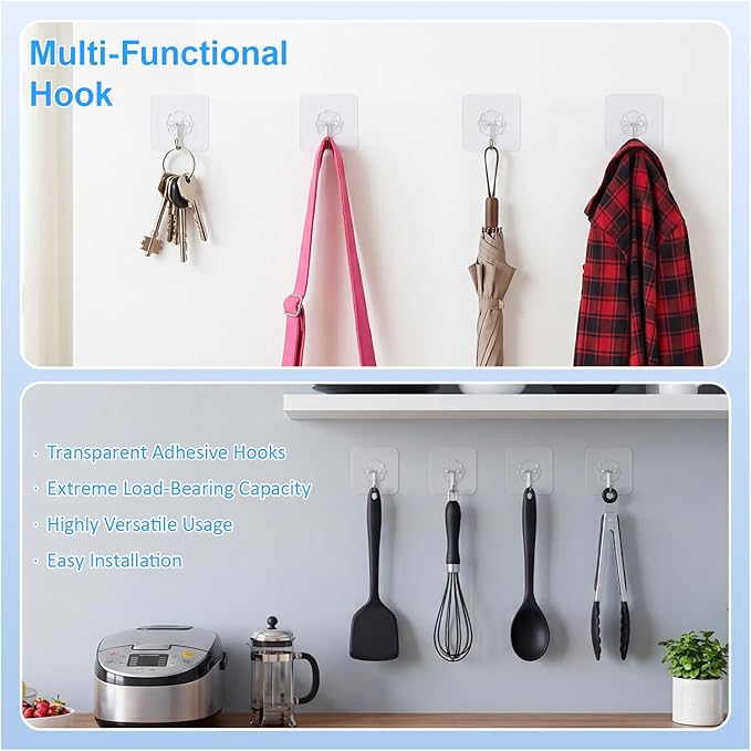 Heavy Duty Adhesive Hooks for Hanging, Waterproof Bathroom Towel Hooks, Stainless Steel Wall Mount & Door Hooks, Clear Sticky Hooks for Coats, Towels, Bags, No Drilling (10PC)