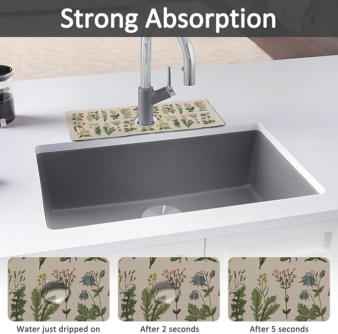 2PCS 15" X 5.5" Kitchen Sink Splash Guard Faucet Mat Floral Super Absorbent Fast Drying Faucet Guard & Draining Mat Sink Splash Guard Behind Faucet for Kitchen, Bathroom
