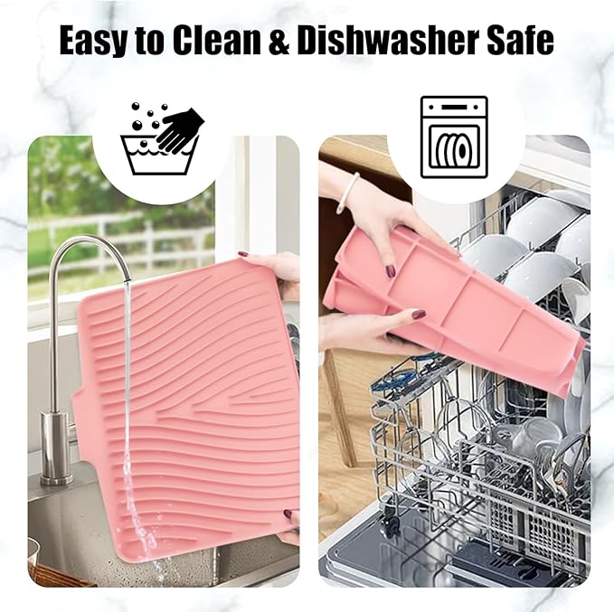 Silicone Dish Drying Mat for Kitchen Counter, Dish Drying Pad, Non-Slip Drain Pad with Built-in Drain, Heat Resistant Stone Drying Mat(16" x 12", Pink)