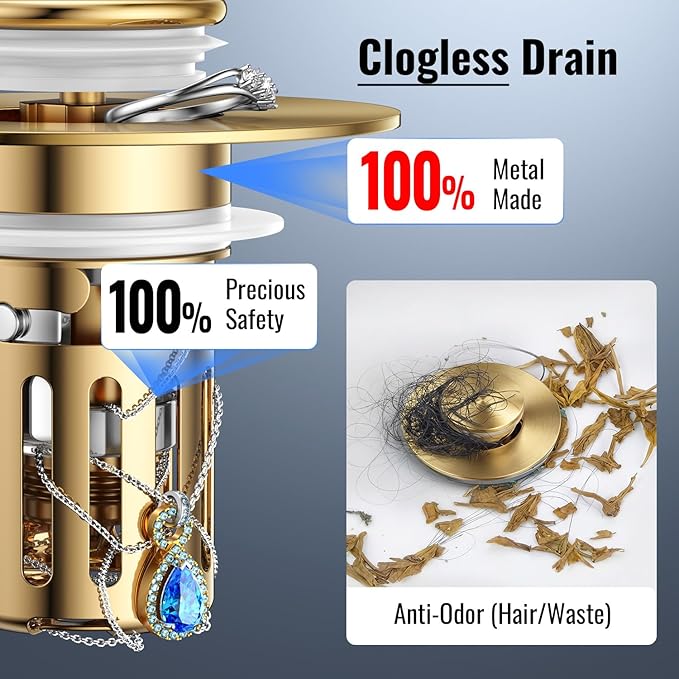 (2 Pc) Bathroom Sink Stopper-All Metal Sink Stopper-Universal Fit 99% Bathroom Stopper with Removable Stainless Steel Hair Catcher- Basin (1.1'' to 2.36'' inch) - Golden