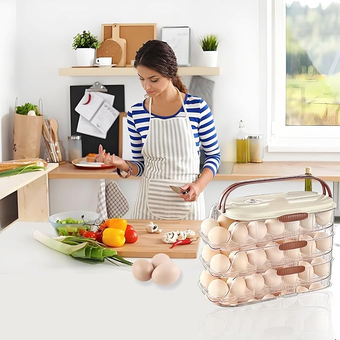 Egg Organizer for Refrigerator，egg Holder for Fridge with Lid and Handle，automatic Rolling Egg Dispenser for Refrigerator,Clear Stackable 3 Tier 42 Eggs Storage，space Saving ＆Timed Freshness