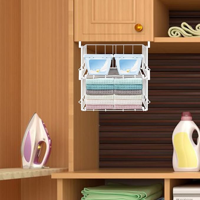 Hanging Under Shelf Storage Basket, 2 Pack Foldable Under Cabinet Metal Desk Storage Wire Rack Organizer for Kitchen Pantry Bookshelf Office Home, Easy to Install Slide-in Under Shelves (White)