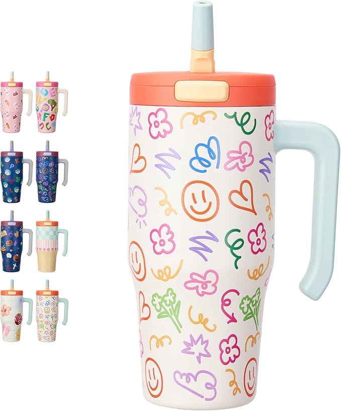 Fijinhom 25 oz Insulated Tumbler with Handle, Stainless Steel Insulated Water Bottle Coffee Mug with Straw, Coffee Cups, Cute Water Bottle for Sports, Travel, Lunch, Creamy Scribs