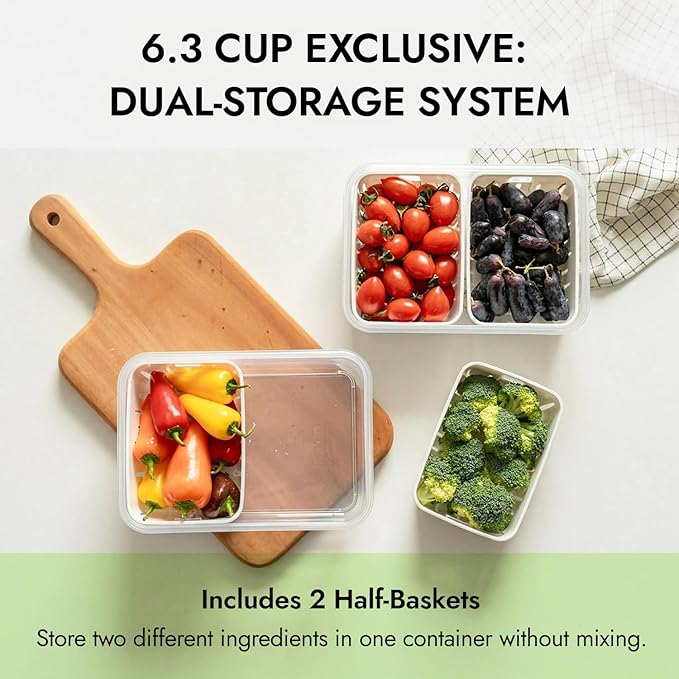 carrotez 6.3 Cup Produce Saver Container for Fridge with White Colander, Airtight Fruit & Vegetable Storage Bin, Removable Strainer Basket, BPA-Free, Stackable, 1.5L