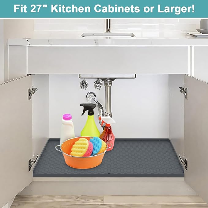 Silicone Under Sink Mat 25 x 19, Waterproof Under The Sink Mat for Kitchen, Under Kitchen Sink Mats and Protectors, Under Bathroom Sink Mat, Cabinet Liner Shelf Liner Gray