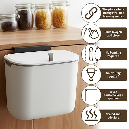 1.9 Gallon Under Counter Sink Waste Bin, Space Saving Hanging Kitchen Compost Bin with Lid Wall-Mounted Plastic Trash Garbage Can for Cabinet Door Cupboard Bathroom Office Home RV (White)