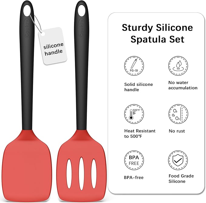 Coukre 2 Pack Silicone Spatula Set, High Heat Resistant, BPA Free Kitchen Spatula, Solid & Slotted Turner for Non-Stick Pans, Sautéing, and Flipping (2, RedBlack)