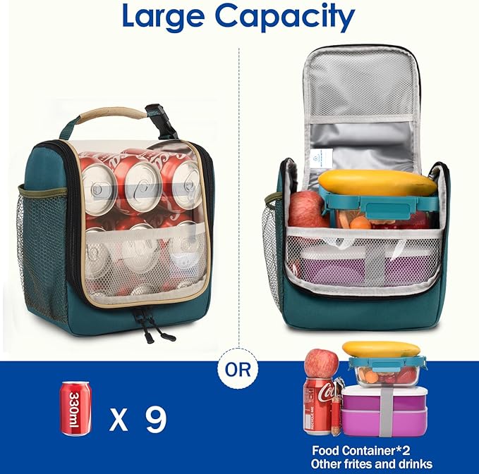Genteen Kids Lunch Box, Insulated Lunch Bag for Kids, Toddler, Girl, and Boy; Holds Lunch Box, Water Bottle, & Snacks; Easy-Clean Water-Resistant Fabric & Multiple Zippered Pockets (Green Kakii)