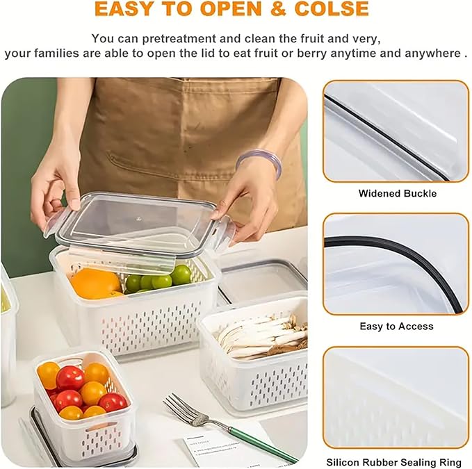 3Pcs 4 in 1 Fruit Containers for Fridge with Removable Colanders and Lids, Airtight Storage Container to Keep Fruits, Vegetables, Berry, Meat Fresh Longer, Dishwasher & Microwave Safe