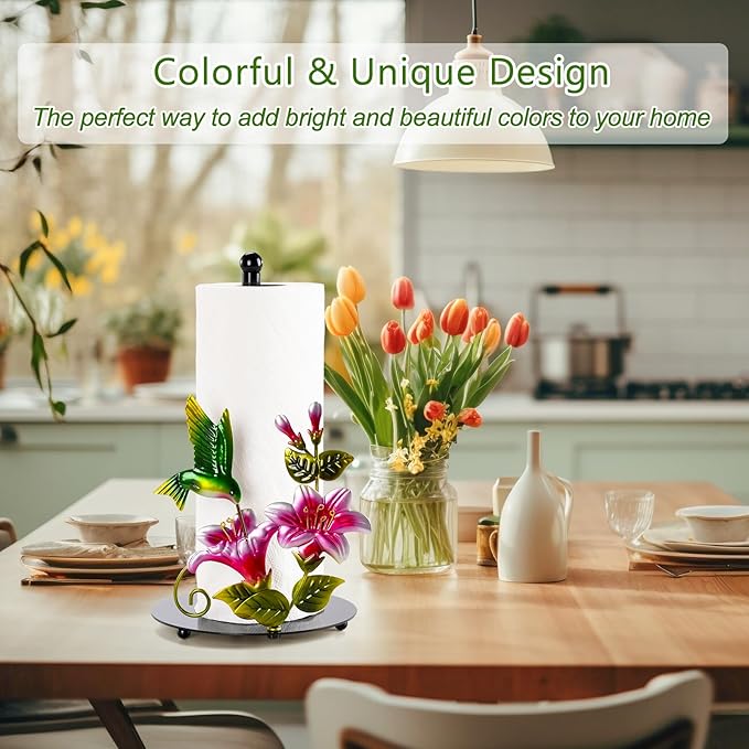Flower & Hummingbird Decor Paper Towel Roll Holder Countertop - Farmhouse Kitchen Decor and Accessories, Hummingbird Housewarming Gifts for Women Mom Grandma, 3D Handmade Pattern, Weighted Base