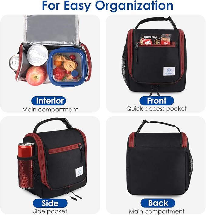 Genteen Kids Lunch Box, Insulated Lunch Bag for men, Toddler, Girl, and Boy; Holds Lunch Box, Water Bottle, & Snacks; Easy-Clean Water-Resistant Fabric & Multiple Zippered Pockets (Black)
