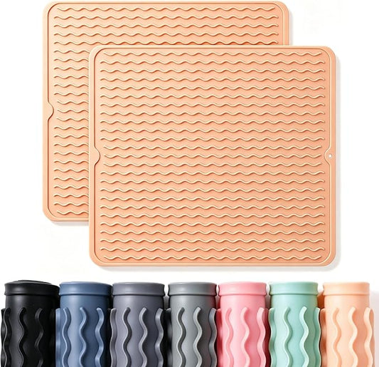 CAKETIME 2 Pack Silicone Dish Drying Mat for Kitchen Counter Waterproof Place mats Sink Protector Stove Top Organizer Cooking Appliance Trays Dryer Rack Drainers Items Extra Large 18"x16" Beige
