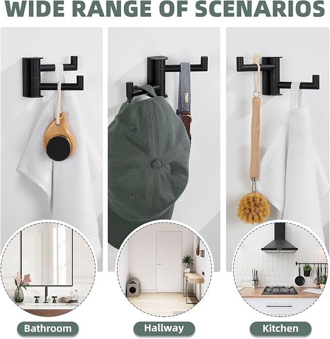 Angle Simple Swivel Double Towel Hook Matte Black, 304 Stainless Steel Robe Hook for Bathroom