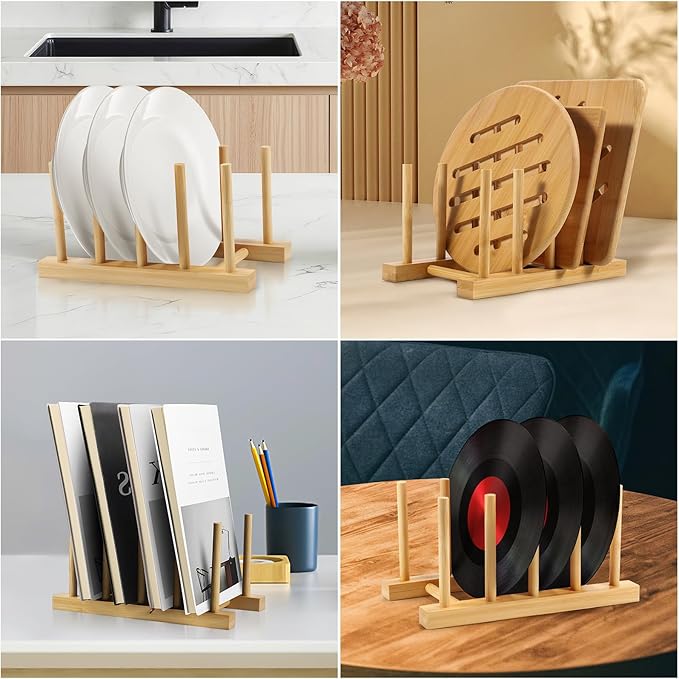 SAMEBUTECO 2-Pack Bamboo Kitchen Rack with 4 Slots and 5 Connector Pegs – Vertical Organizer for Plates, Pots, Lids, Bowls & Cutting Boards – Durable Wooden Dish Holder with Spare Pegs & Gift Box