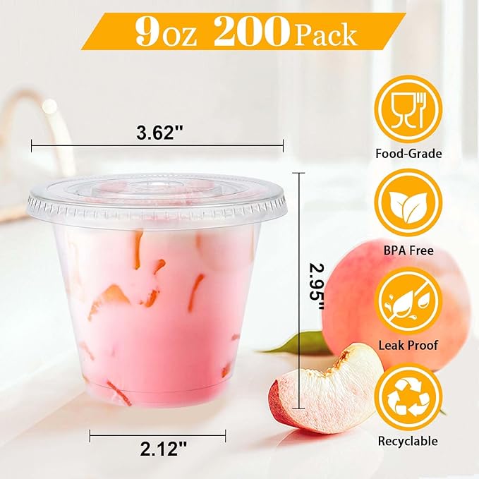 Clawsoff 200 Pack 9 oz Plastic Cups with Flat Lids, Clear Parfait Cups No Hole, Disposable Dessert Cup, Putting Cup for Cold Drink, Ice Cream, Fruit, Salad
