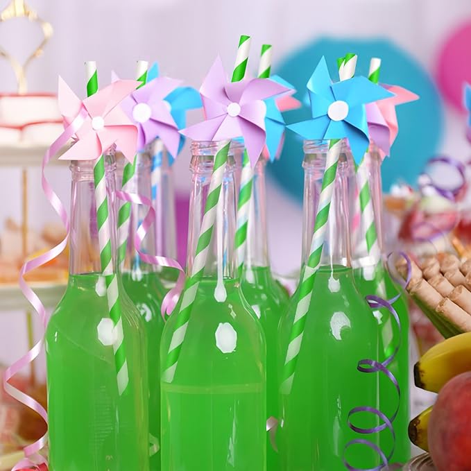 100 Packs Green Biodegradable Striped Paper Straws, Disposable Drinking Straws for Birthday Carnival Summer Pool Party Wedding Baby Shower Halloween Christmas Party Decoration Supplies