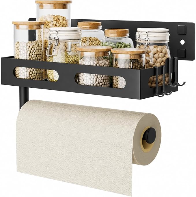 Paper Towel Holder Wall Mount with Shelf, Easy One Hand Tear, Adhesive Glue or Drill Mount Hanging Paper Towel Holder with Shelf for Kitchen/Bathroom/RV, Black Metal, 4 Hooks