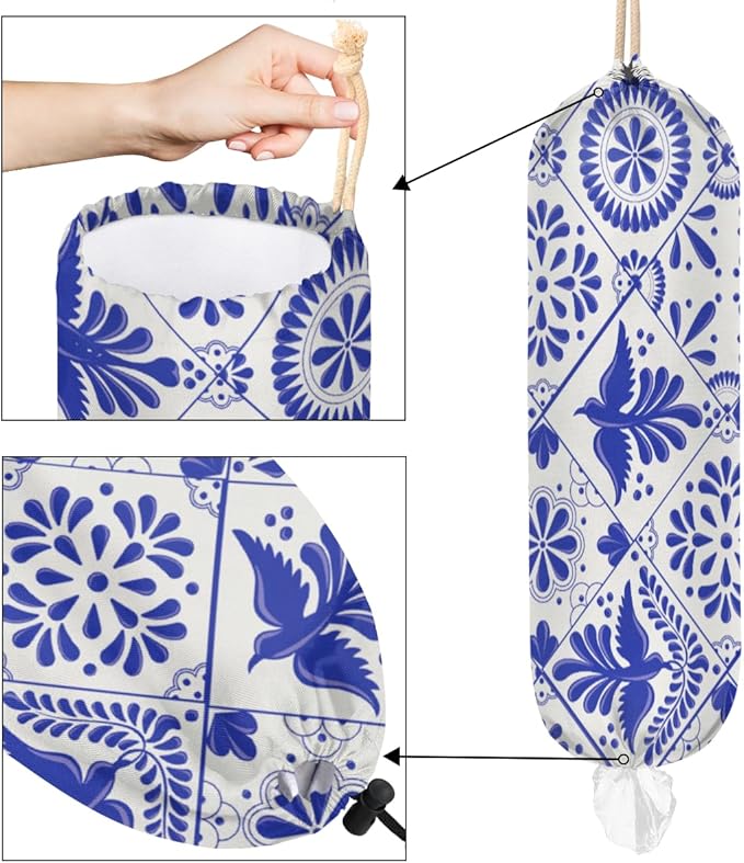 Mexican Talavera Bird Mandala Boho Plastic Bag Holder, Wall Mount Grocery Bag Holder Plastic Bag Dispenser Garbage Bag Organizer Shopping Bags Carrier for Home Kitchen Decor, Gifts for Women Mom