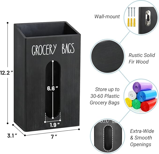 Farmhouse Wooden Grocery Bag Holder and Dispenser, Wall Mounted Plastic Bag Holder and Dispenser with Extra-Wide & Easy-Access Openings, Garbage Bag Dispenser Anti-Fingerprint Rustic Finish Bags Saver